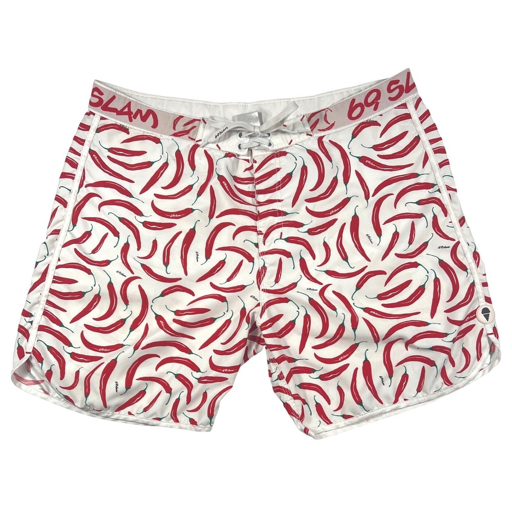 69Slam Mens Chili Pepper Print Board Shorts Swim Trunks Size 38 Wax Comb Beach